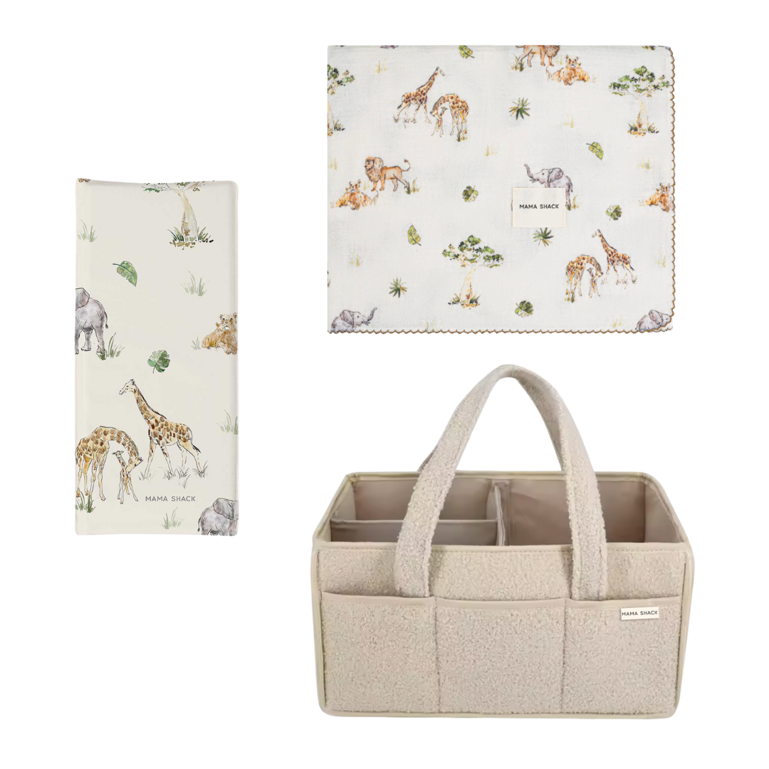 Baby Changing Gift Set – Nappy Caddy, Travel Mat & Muslin - Sweet Safari