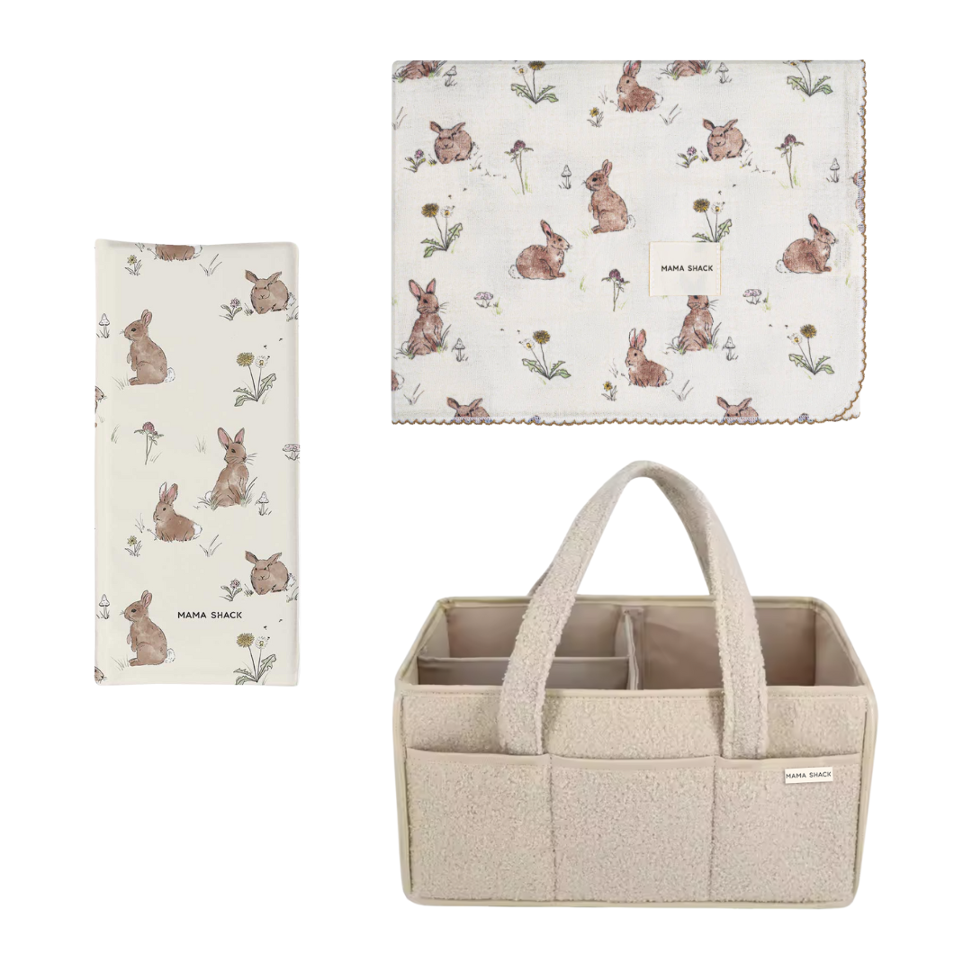 Baby Changing Gift Set – Nappy Caddy, Travel Mat & Muslin - Bunnies