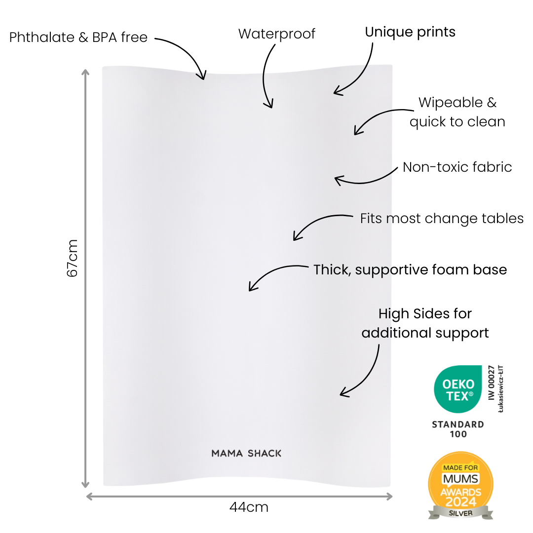 changing mat by mama shack with features and dimensions listed on a white background