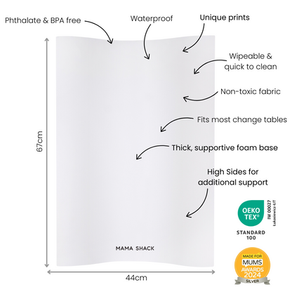 Mama shack changing mat with features and measurements listed on a white background