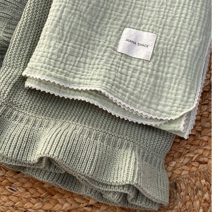 Knitted Blanket and Muslin Swaddle Set - Sage