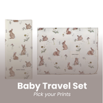 Baby travel set with rabbit and flower pattern on a white background