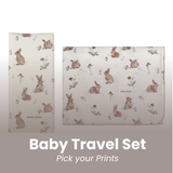 Baby travel set with rabbit and flower pattern on a white background