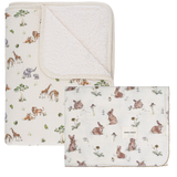 Baby blanket with animal pattern and matching square item on a white background