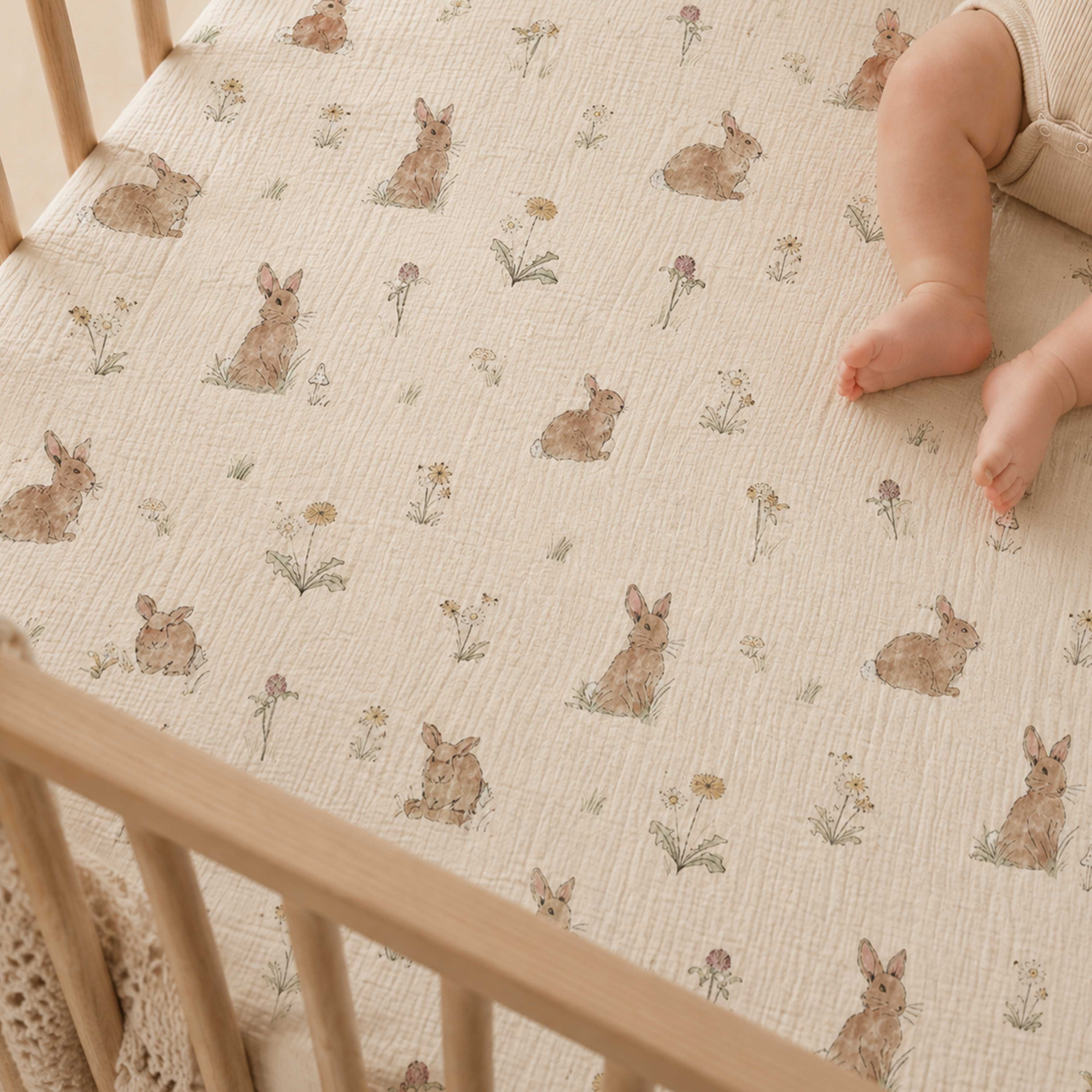 bunnies printed muslin cot sheet