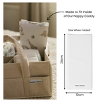 Nappy caddy with folded product labeled 'Mama Shack' and dimensions displayed.