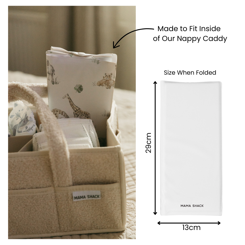 Nappy caddy with folded product labeled 'Mama Shack' and dimensions displayed.