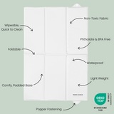 Foldable baby travel mat with features listed on a green background