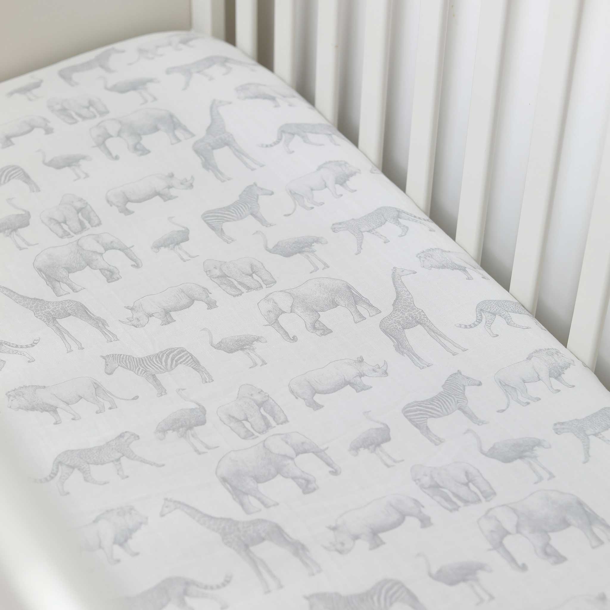 Organic Cotton Muslin Fitted Cot Bed Sheet 140 x 70cm Mono Safari Mama Shack