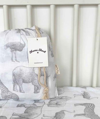 Organic Cotton Muslin Fitted Cot Bed Sheet 140 x 70cm - Mono Safari