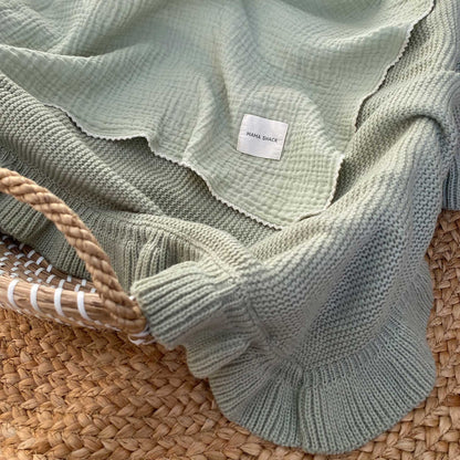 Knitted Blanket and Muslin Swaddle Set - Sage