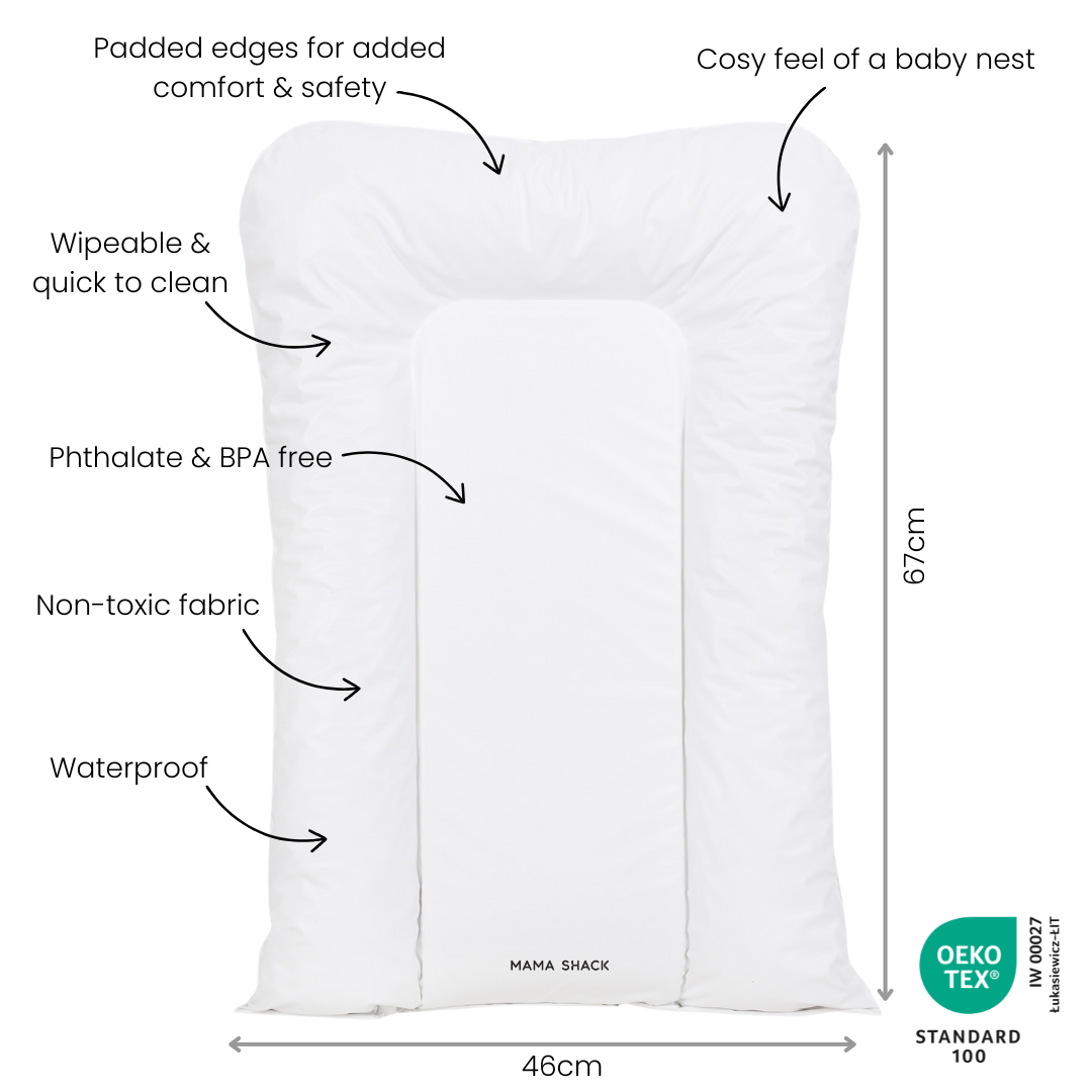 MAMA SHACK changing mat with features and dimensions labeled on a white background