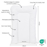 MAMA SHACK changing mat with features and dimensions labeled on a white background