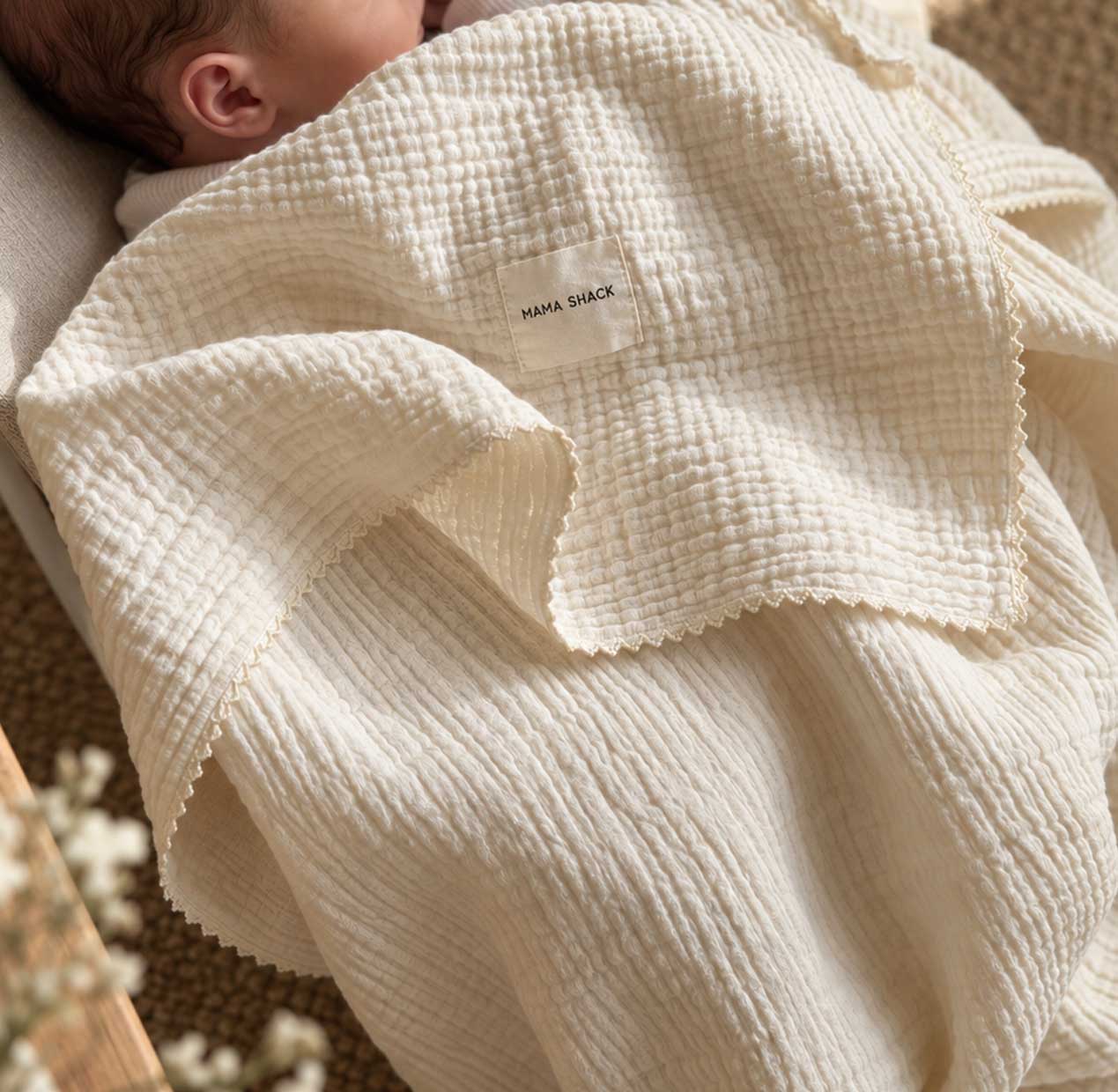 A close-up of a baby wrapped in a textured cream-colored muslin blanket with a visible 'MAMA SHACK' brand label. The baby's head and ear are visible on the left, resting against a soft neutral background.
